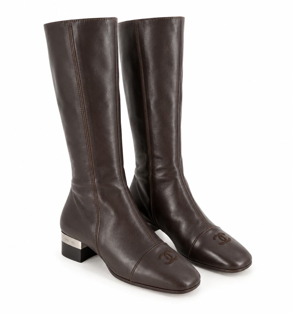Chanel Vintage Brown Leather CC Cap Toe Silver Heel Riding Boots 40 US 9.5 10